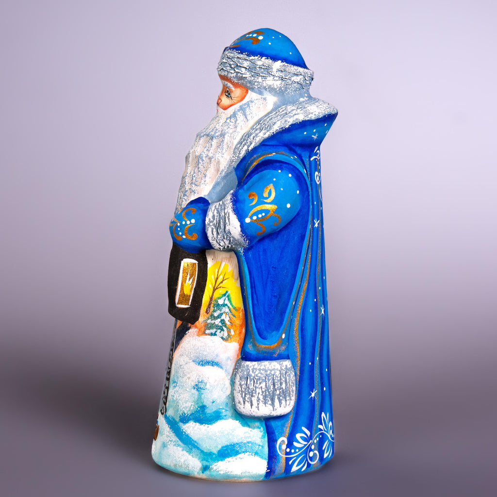 Blue Santa Figurine 7", Hand Painted Wood, Winter Landscape