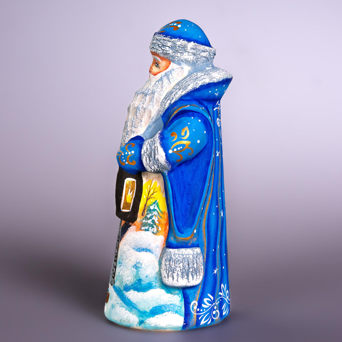 Blue Santa Figurine 7", Hand Painted Wood, Winter Landscape