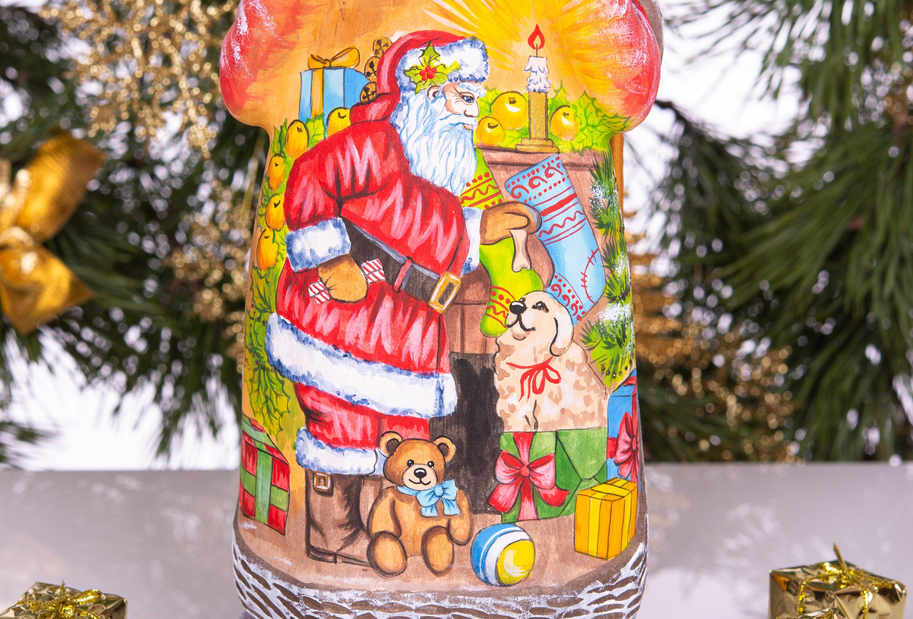 Hand Carved Wooden Santa Figurine: Folk Art Christmas Decor