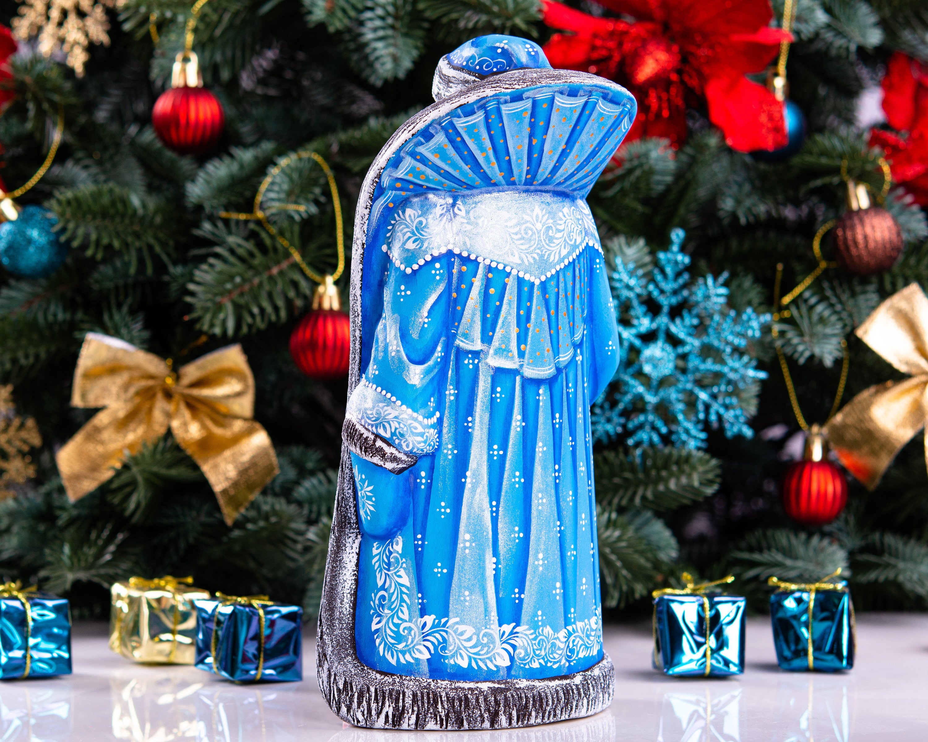 Hand carved wooden Santa figurine 9.4 inch, Nutcracker scene, blue coat, holiday mantel display