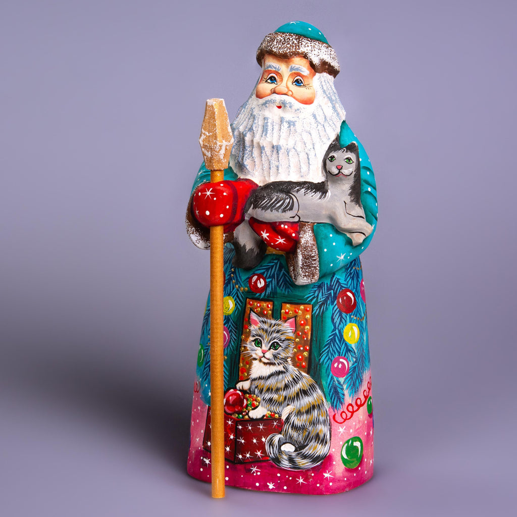 Hand Carved Wooden Santa Claus Figurine with Cat: Signed Folk Art