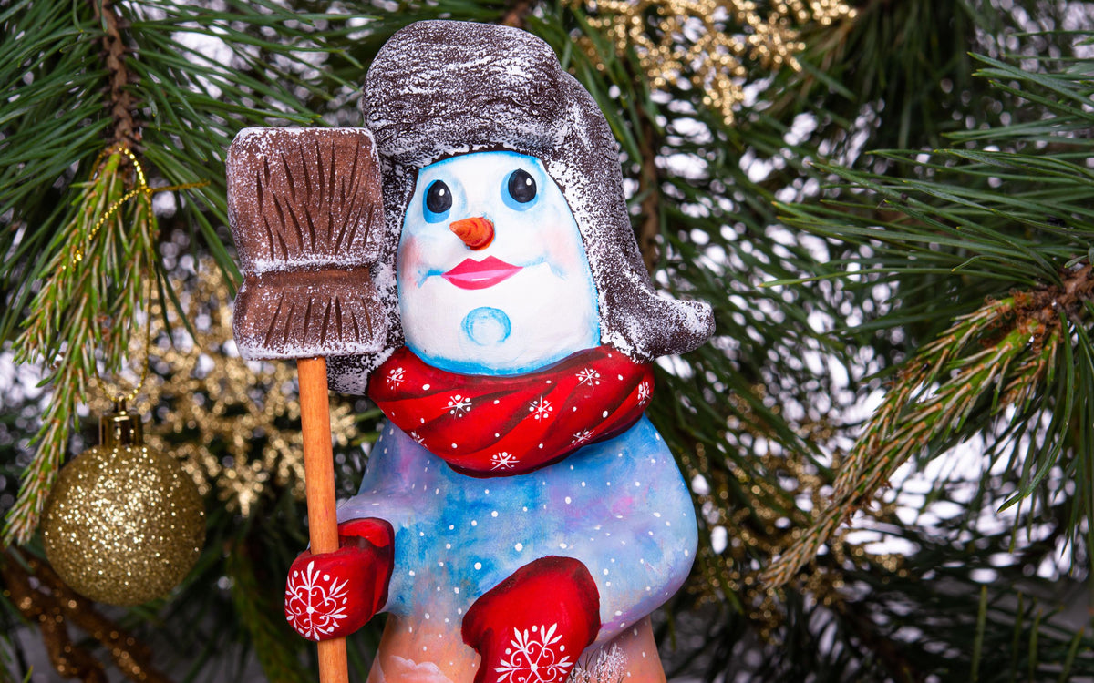 Hand carved snowman wooden figurine 9.1 inch, holding broom, shelf decor