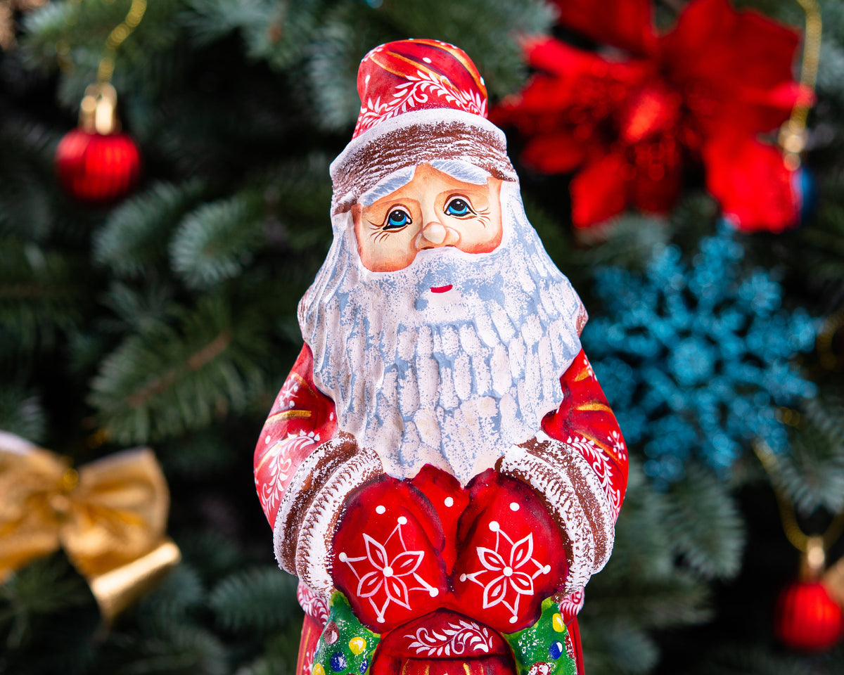 Hand carved Santa wooden figurine 11.4 inch, wreath Christmas decor