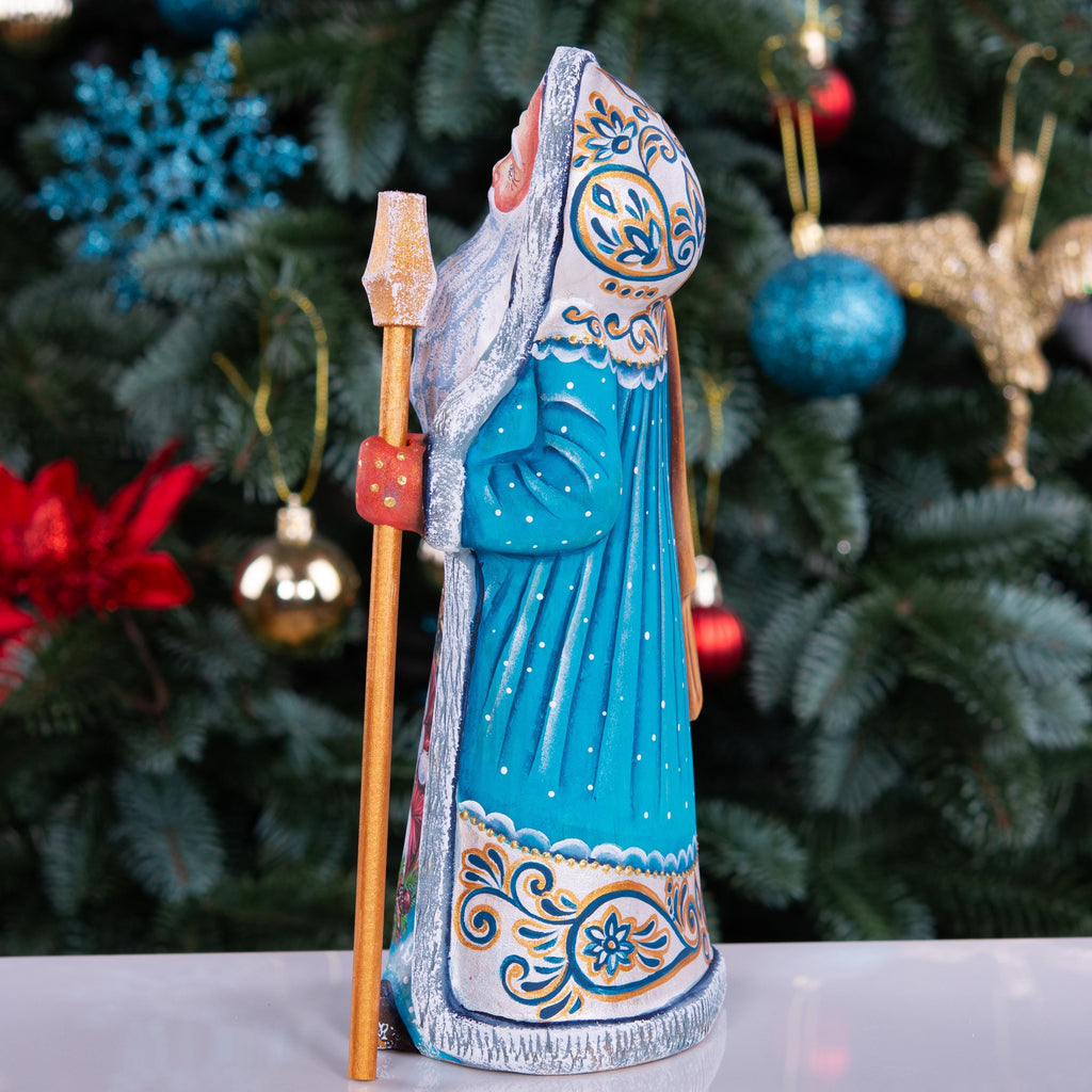 Wooden Santa Figurine Hand Carved 8.7" – Hooded Blue Father Christmas