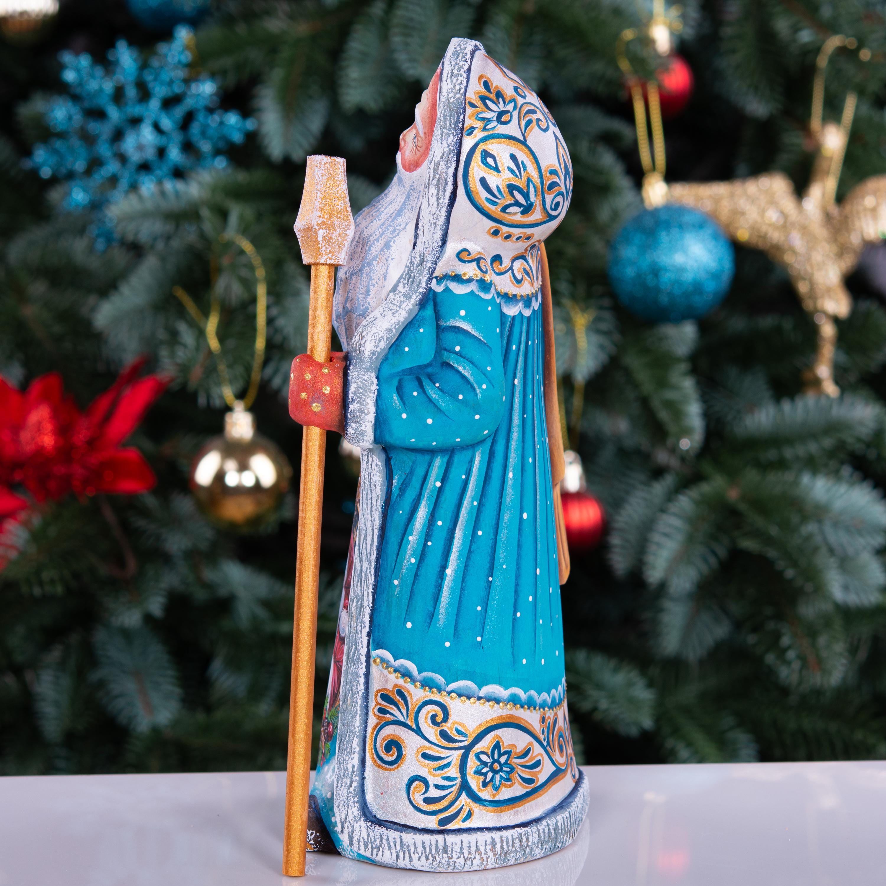 Wooden Santa Figurine Hand Carved 8.7" – Hooded Blue Father Christmas