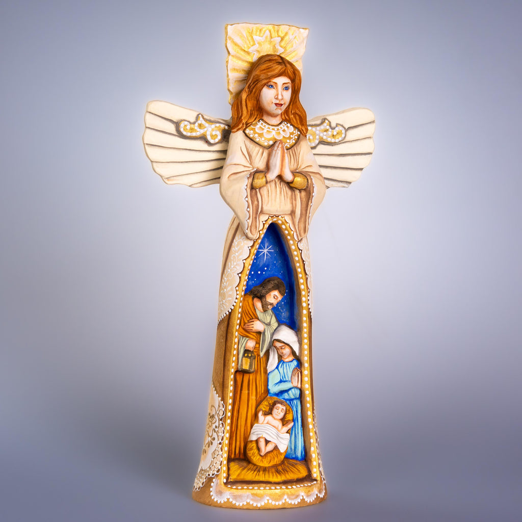 Angel Nativity wooden figurine 13 inch, Holy Family creche, mantel decor