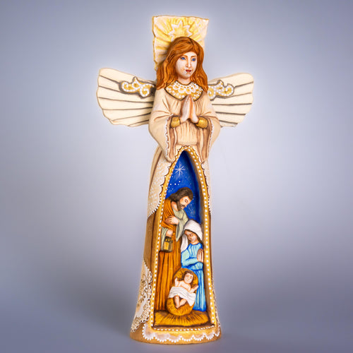 Angel Nativity wooden figurine 13 inch, Holy Family creche, mantel decor