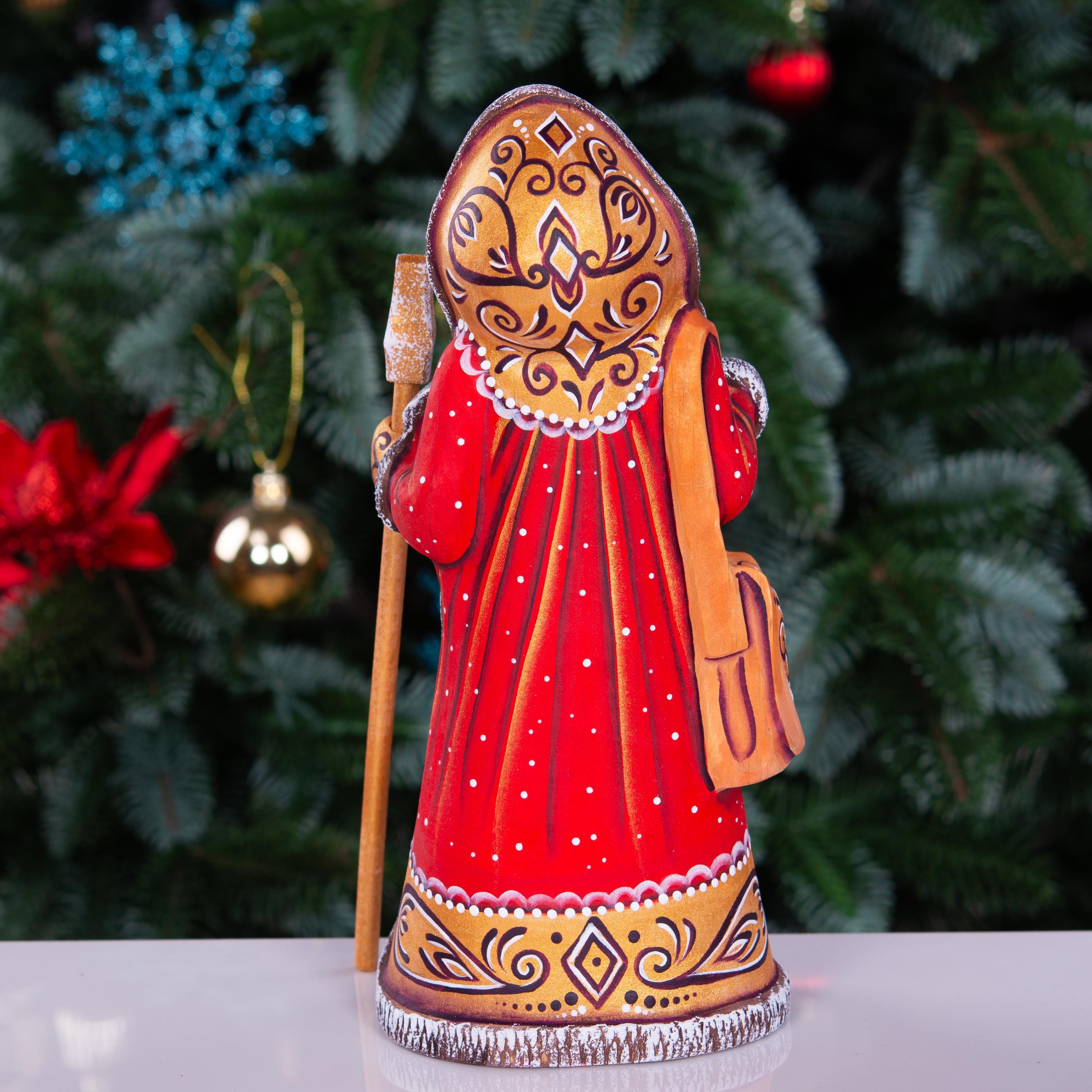 Old World Santa wooden figurine 9 inch, staff and satchel