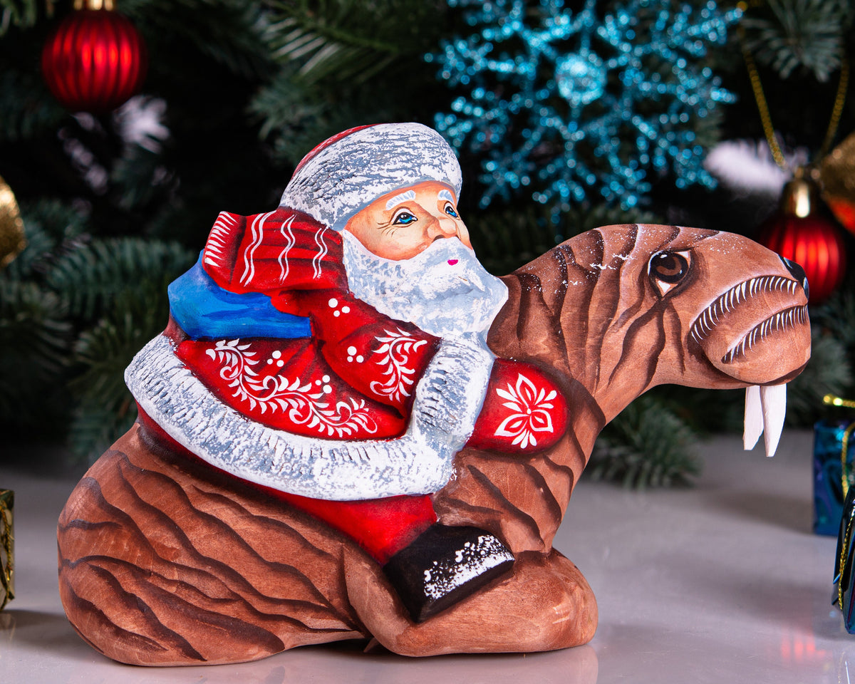 Hand Carved Wooden Santa Claus Figurine: Funny Walrus Christmas Decor