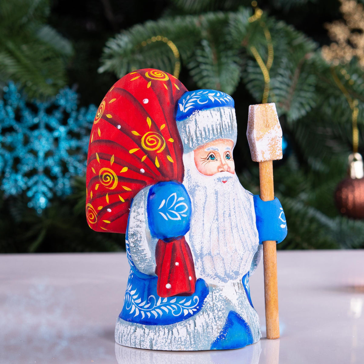 Hand Carved Wood Santa Figurine: Blue Coat Folk Art Collectible