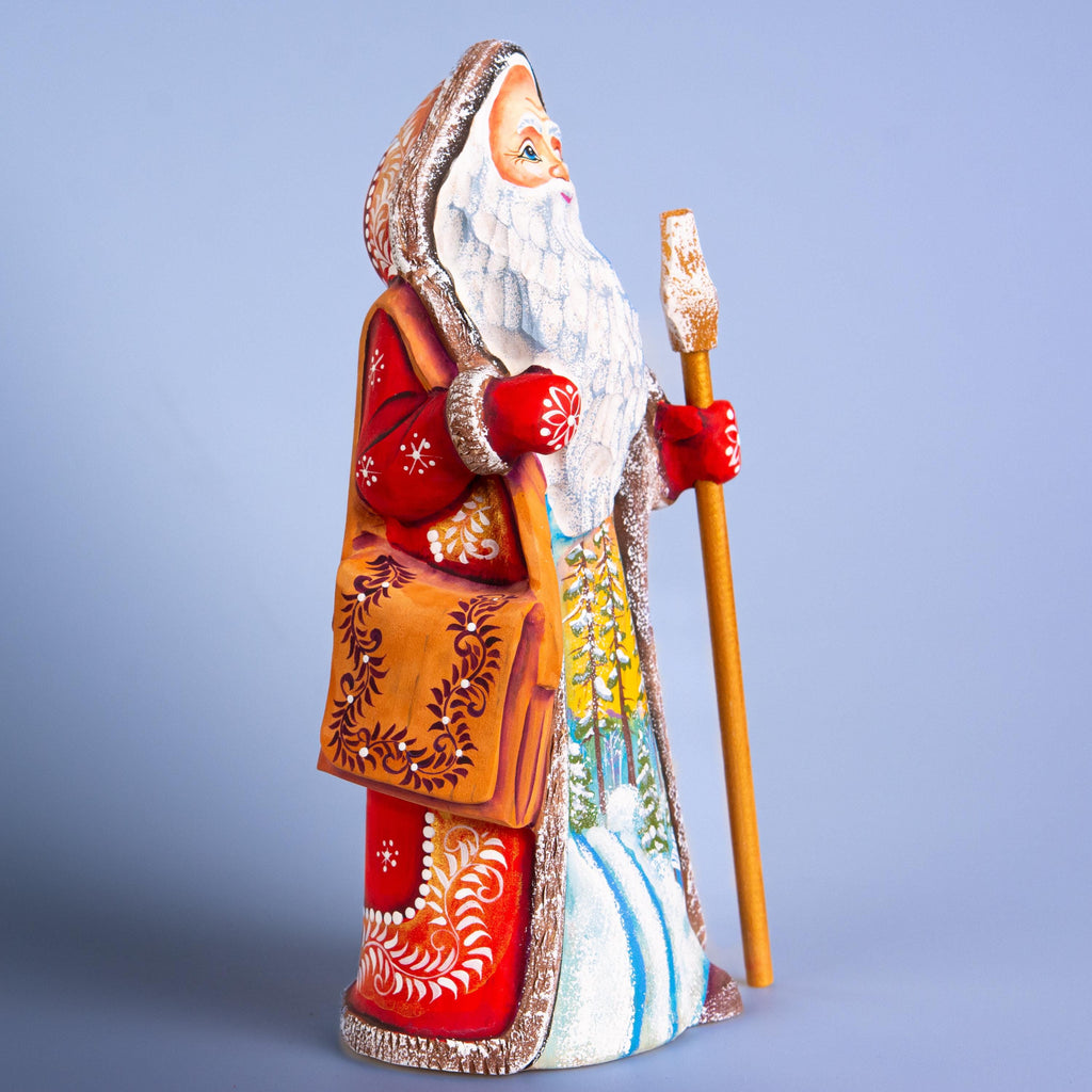 Hand carved Santa wooden figurine 9.1 inch with staff, winter forest scene mantel decor