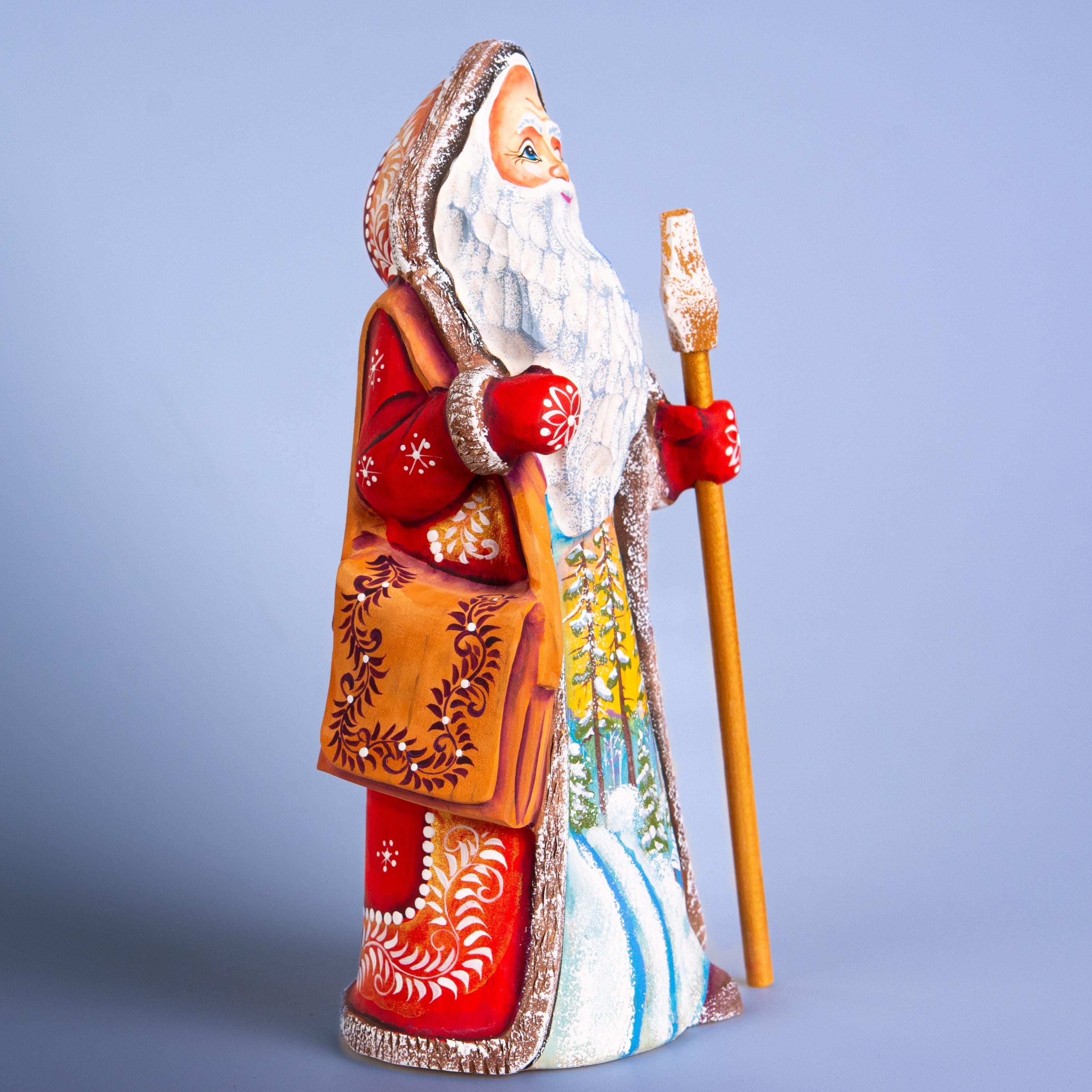 Hand carved Santa wooden figurine 9.1 inch with staff, winter forest scene mantel decor