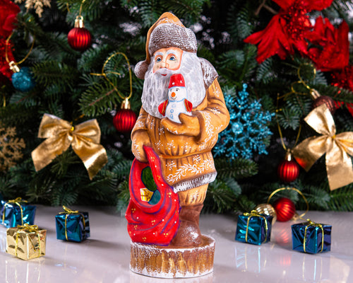Father Christmas wooden figurine 10", hand carved shelf decor