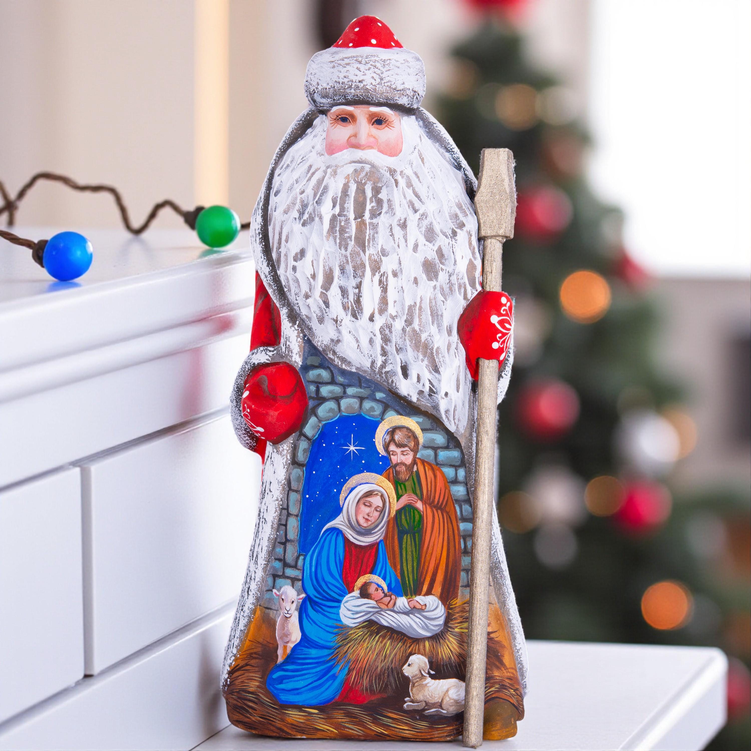 Hand Carved Nativity Santa Figurine: Signed Folk Art Collectible