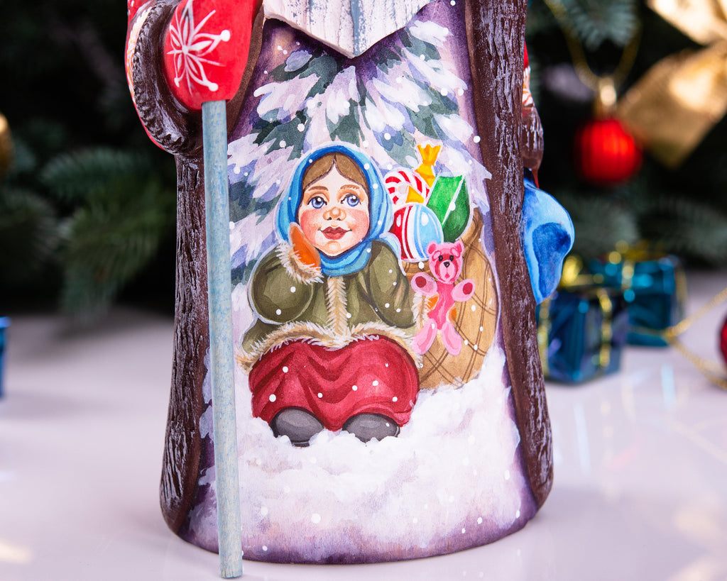 Kris Kringle wooden Santa figurine 9.4 inch, folk art winter child scene, shelf decor