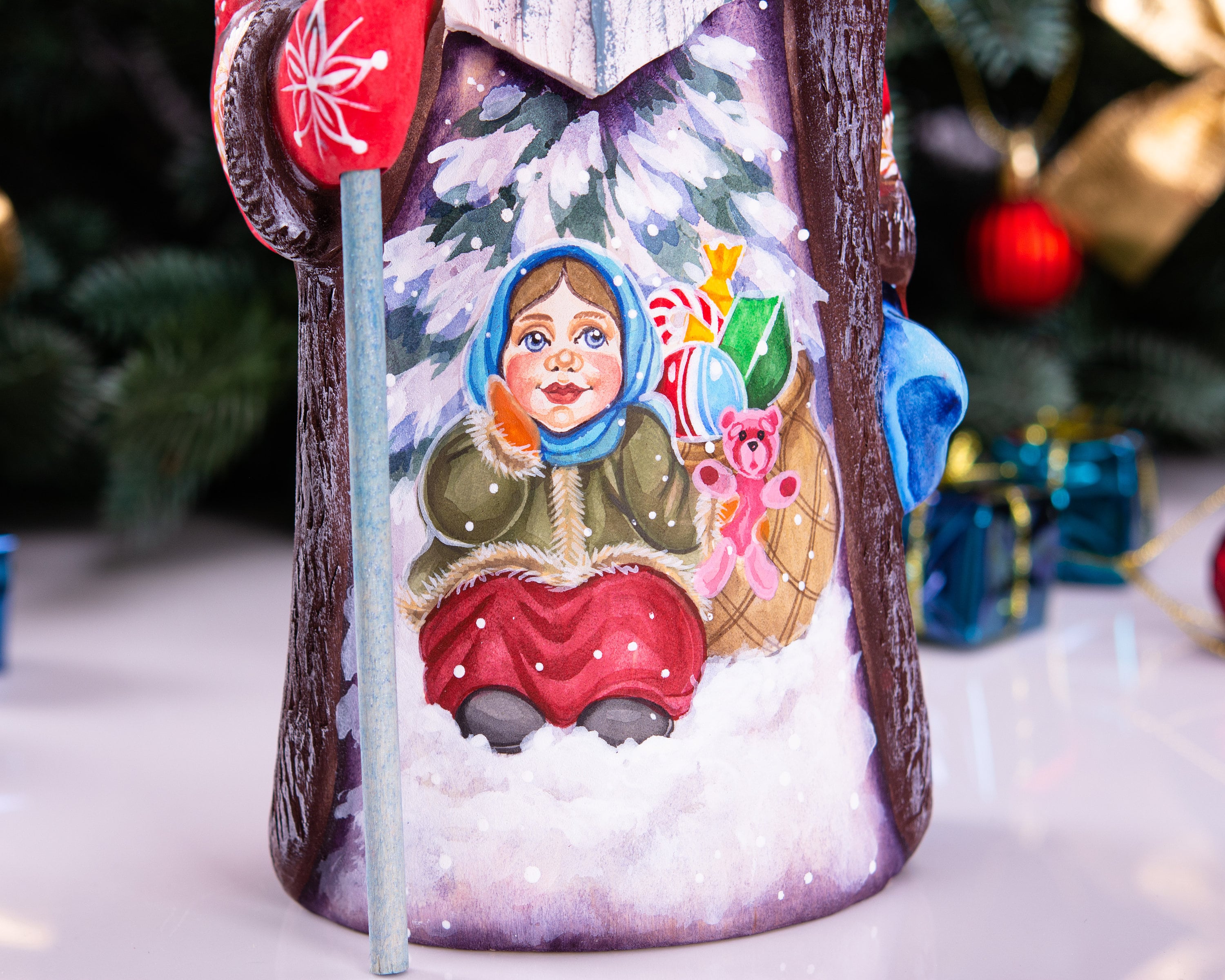 Kris Kringle wooden Santa figurine 9.4 inch, folk art winter child scene, shelf decor