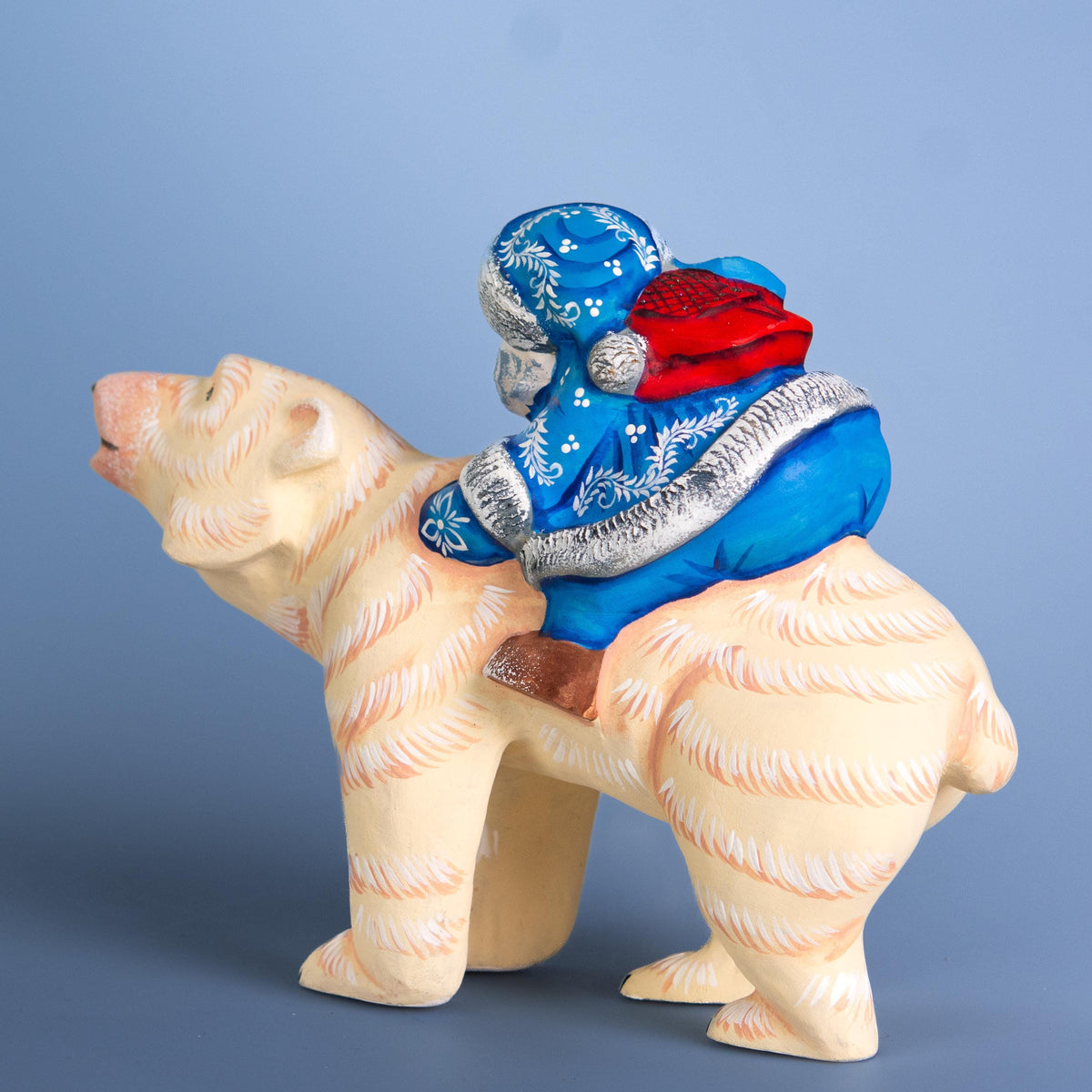 Old World Santa Riding Bear Figurine 9 inch Long, Hand Carved Wood