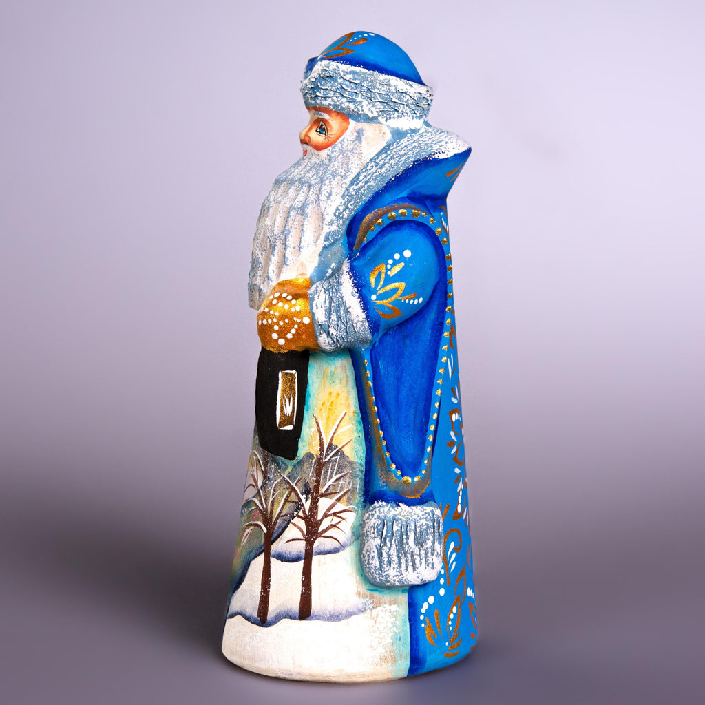 Hand Carved Wooden Santa Figurine 7", Blue Coat, Lantern, Old World
