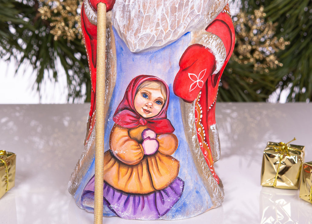 Old-World Santa wooden figurine 9 inch, little girl winter portrait, holiday mantel decor