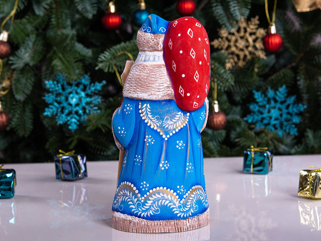 Santa figurine with staff, hand painted carved wood, shelf decor, 8.3 inch
