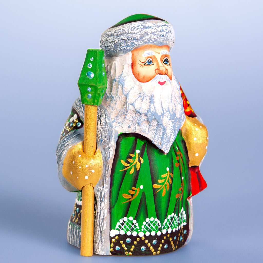 Hand carved Santa wooden figurine 5.1 inch, green coat shelf decor