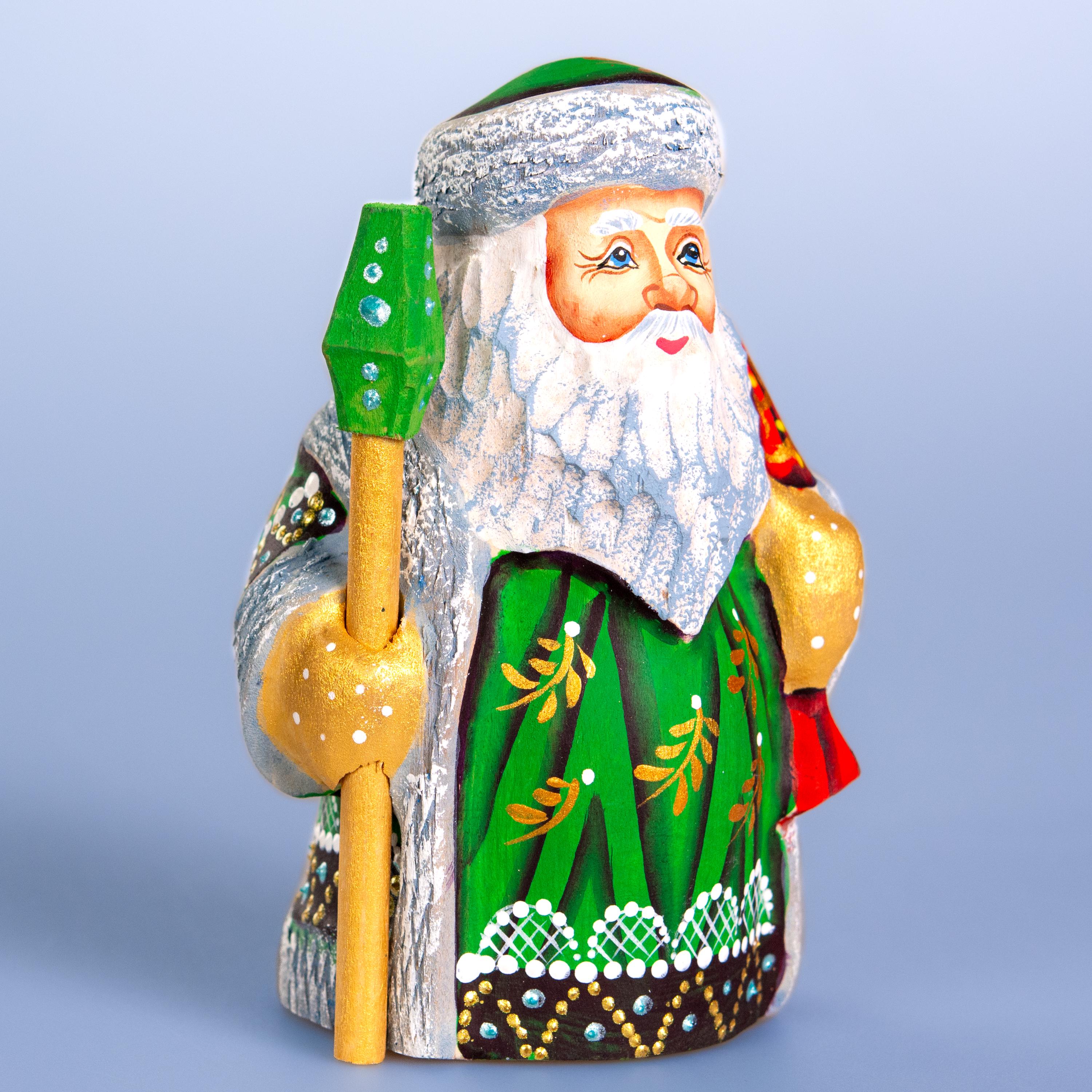 Hand carved Santa wooden figurine 5.1 inch, green coat shelf decor