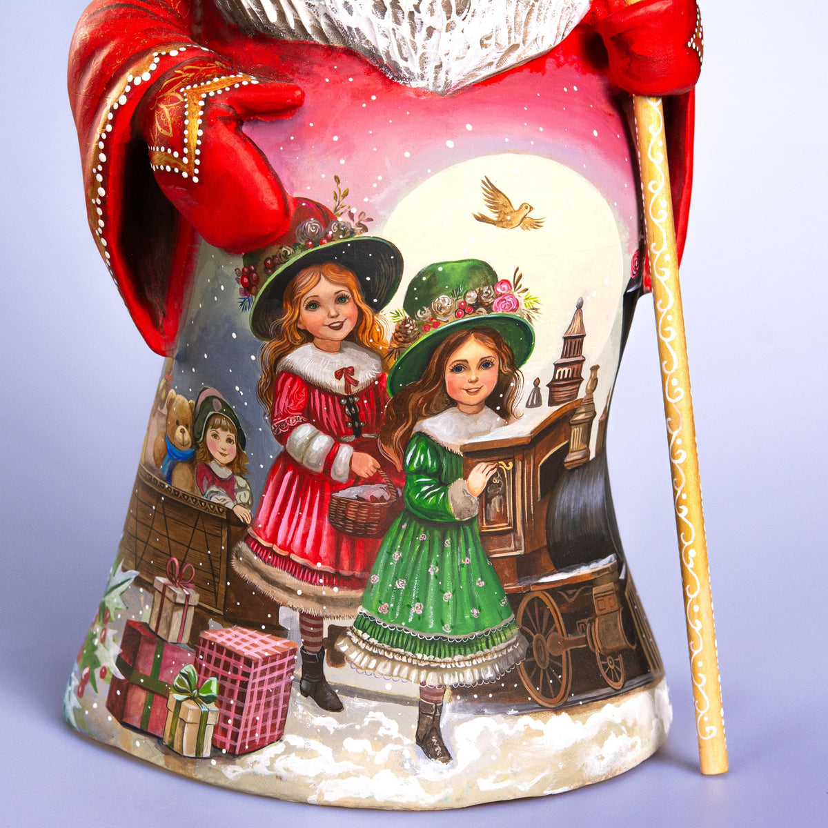 Hand-Carved Wooden Santa 14" with Christmas Train & Winter Village