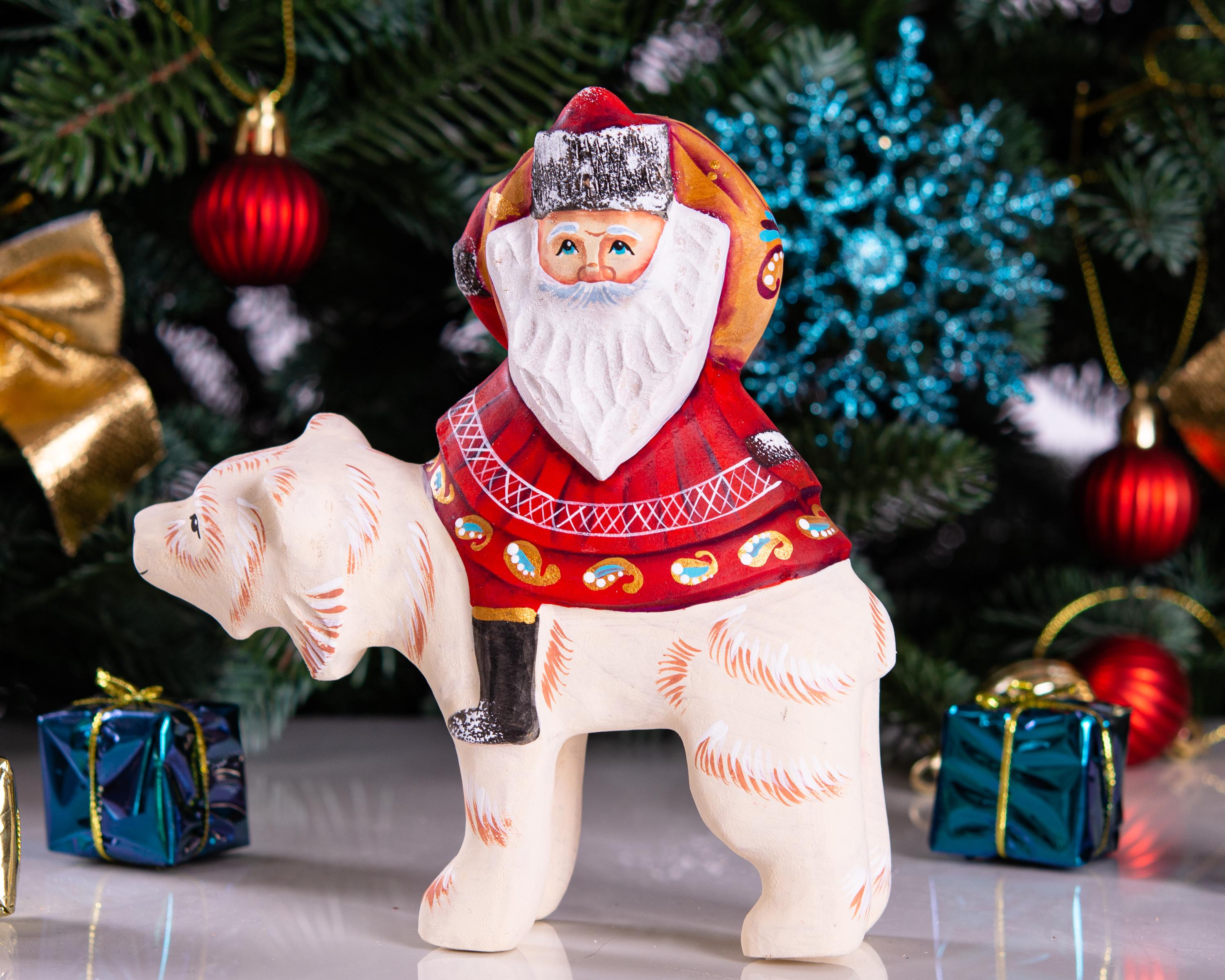 Old World Santa figurine 6 inch, riding polar bear, shelf decor