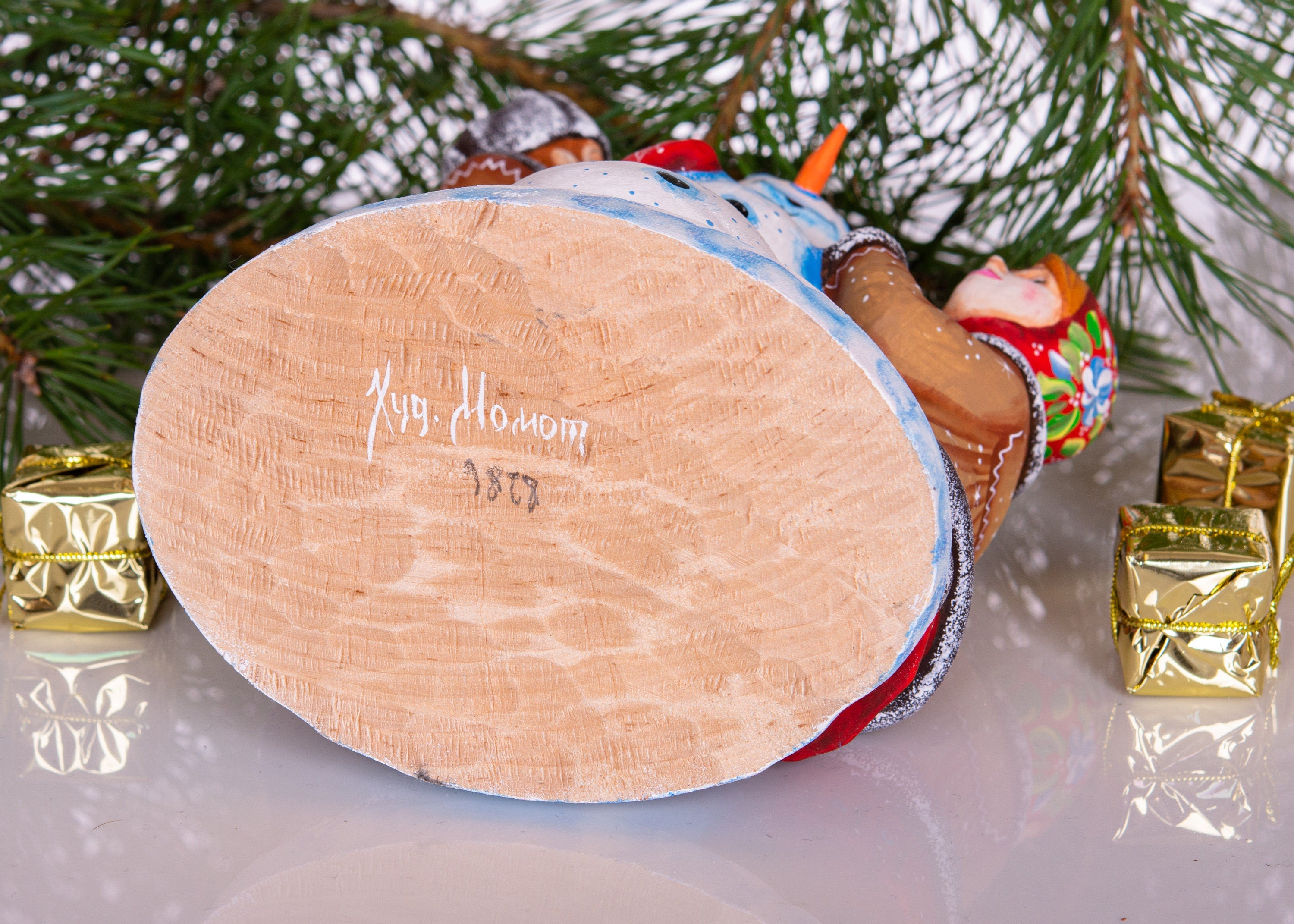 Wooden Hand Carved Snowman Figurine 8", Handmade Christmas Home Decoration Indoor
