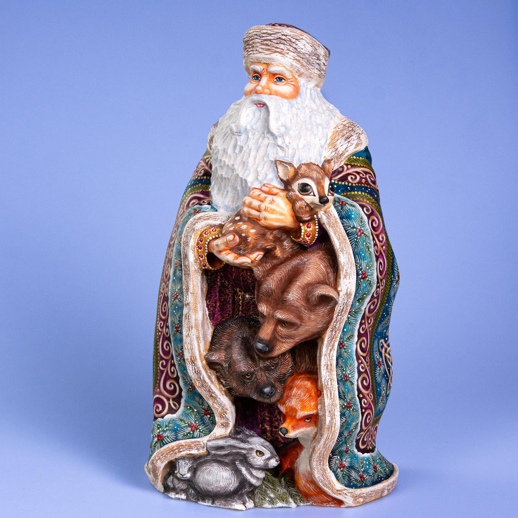 Hand Carved Wooden Santa Figurine 13.8 inch, Woodland Animals, Artist Painted Old World