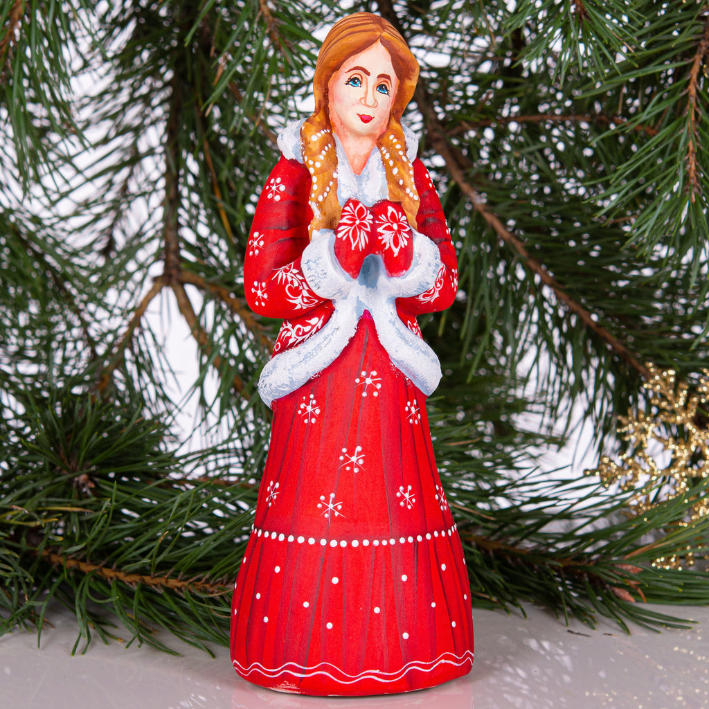 Hand carved Snow Maiden statue 8 inch, Slavic winter girl holiday display