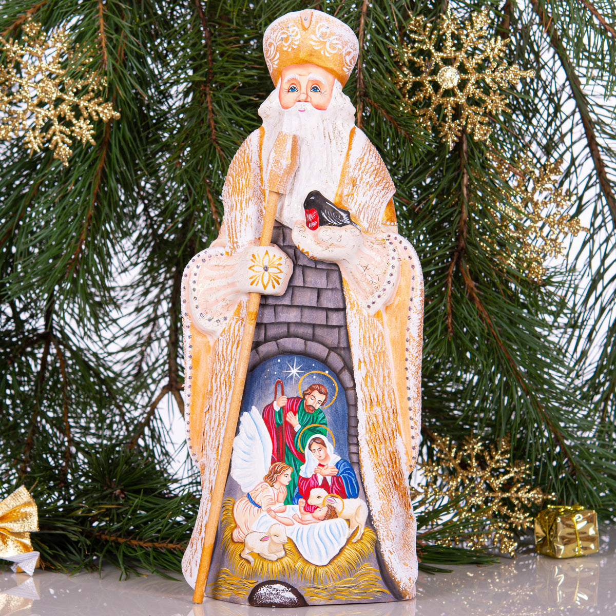 Holy Family Christmas decor 12.7 inch, hand carved Santa nativity wood figurine