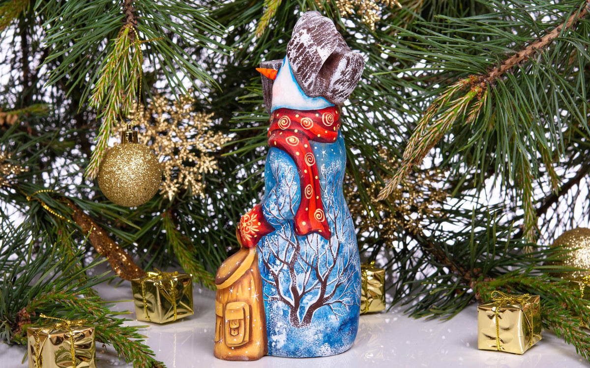 Snowman wooden statue 8 inch, holding broom, tabletop Christmas accent