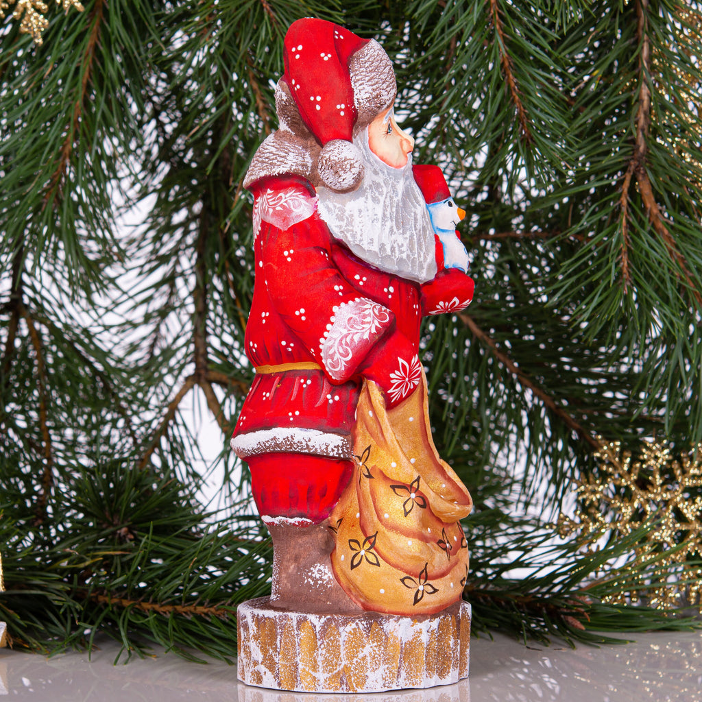 Hand carved Santa wood figurine 10 inch, snowman toy, gift sack, Christmas mantel decor