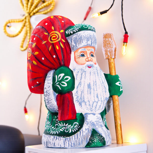 Hand carved green Santa wooden figurine 5 inch, folk art mantel decor