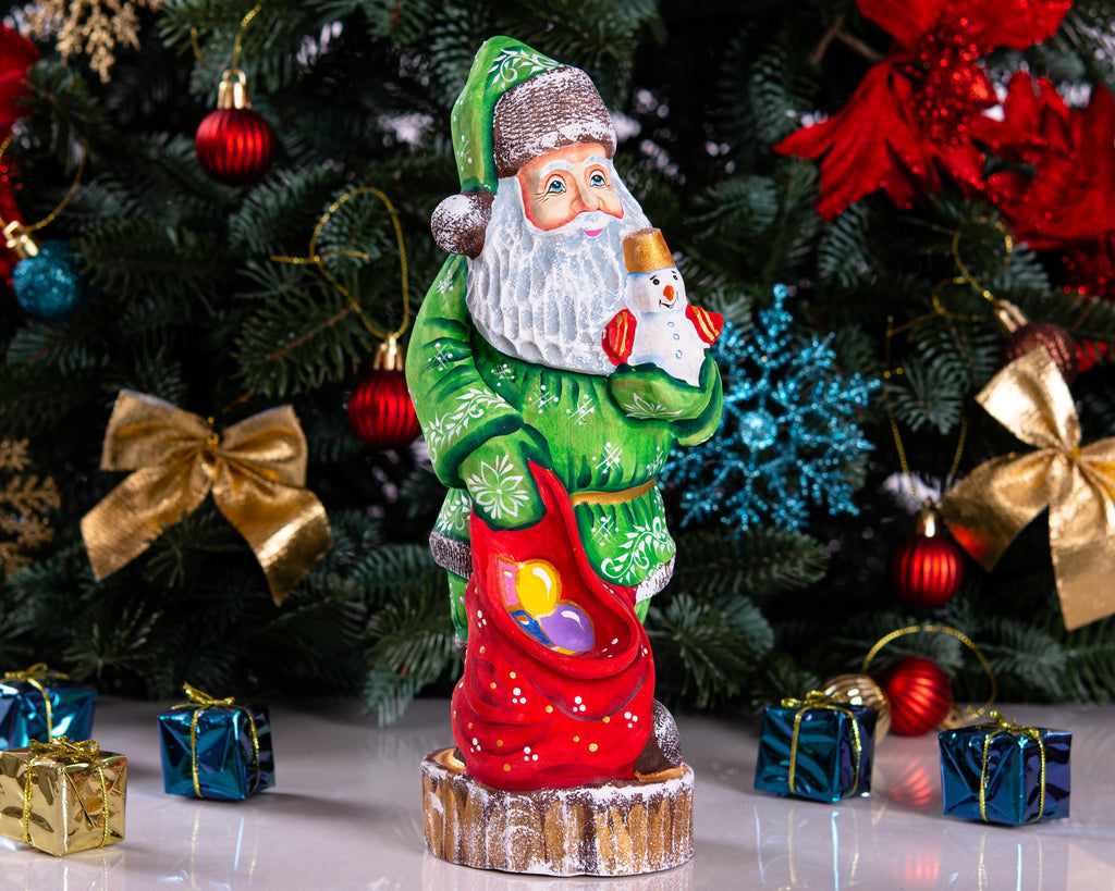 Collectible Santa figurine with snowman, folk art mantel decor, 10.2 inch