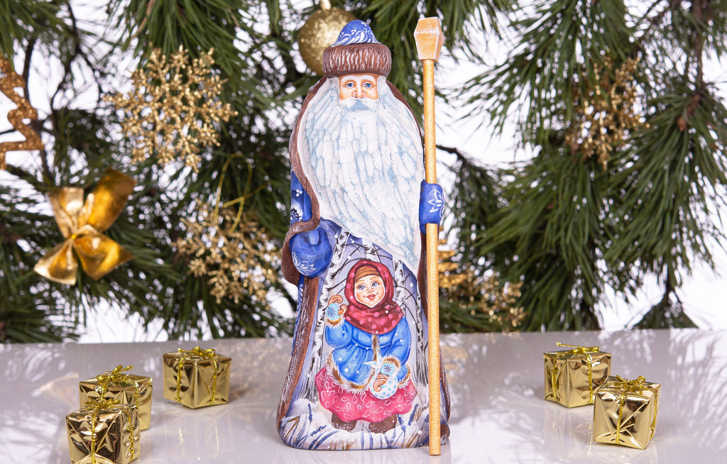 Santa Claus figurine, artisan hand painted girl scene, 8.7 inch