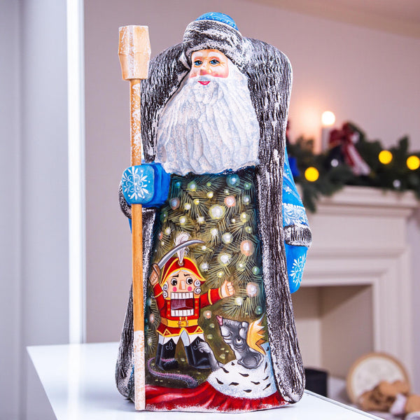 Hand carved wooden Santa figurine 9.4 inch, Nutcracker scene, blue coat, holiday mantel display