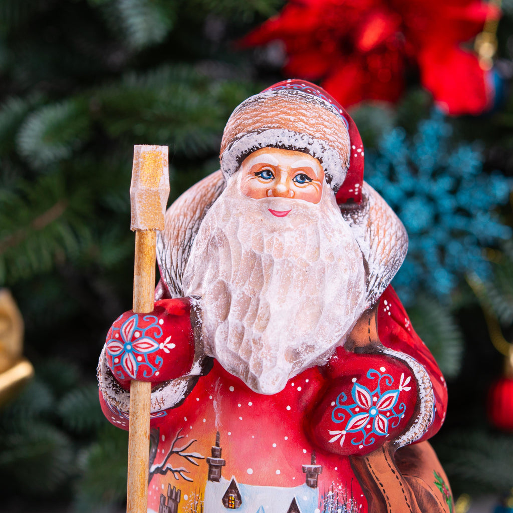 Red Santa Claus Figurine with Staff and Bag, Hand Painted Wood Christmas Decor with Snowy Landscape, Holiday Gift for Home or Collection