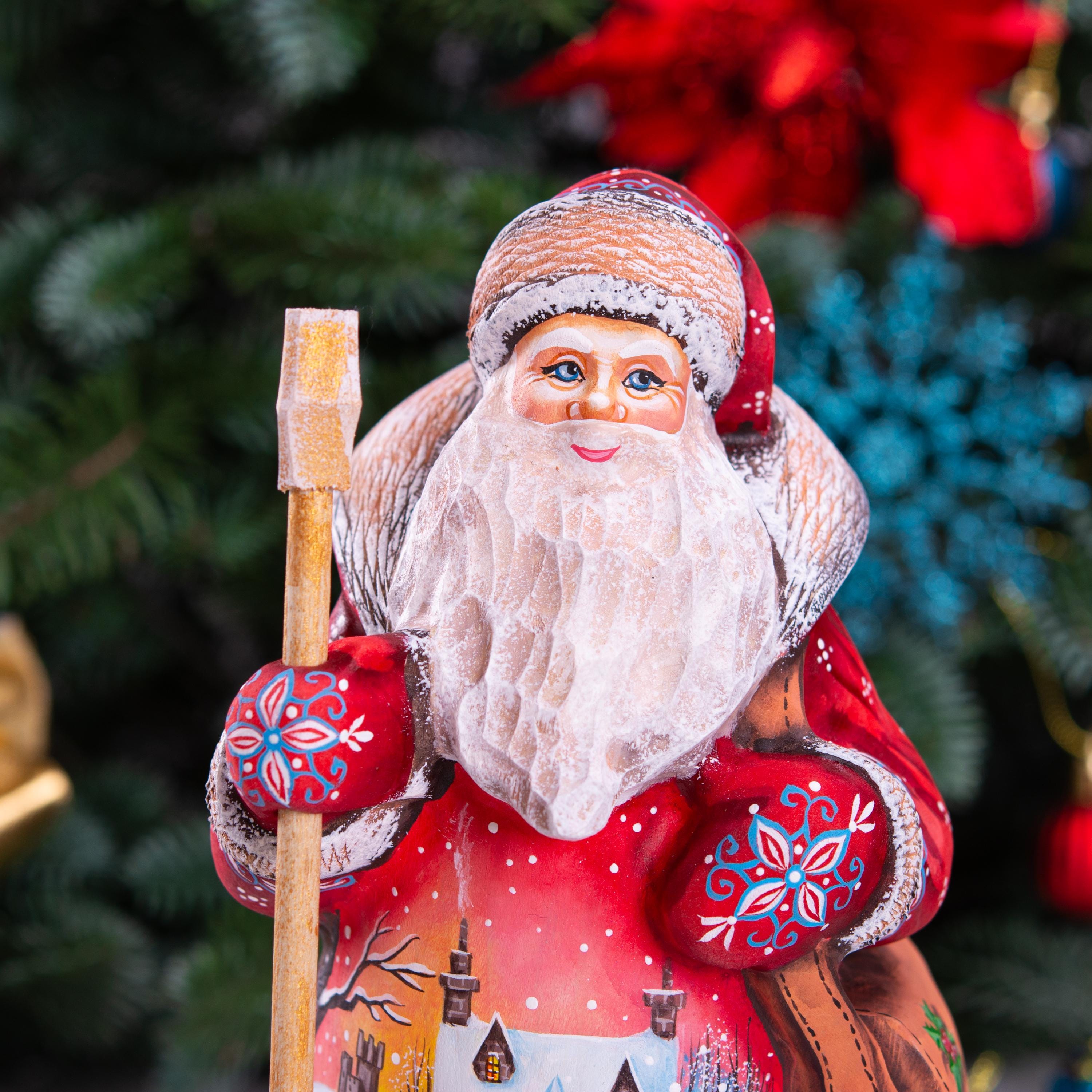 Red Santa Claus Figurine with Staff and Bag, Hand Painted Wood Christmas Decor with Snowy Landscape, Holiday Gift for Home or Collection