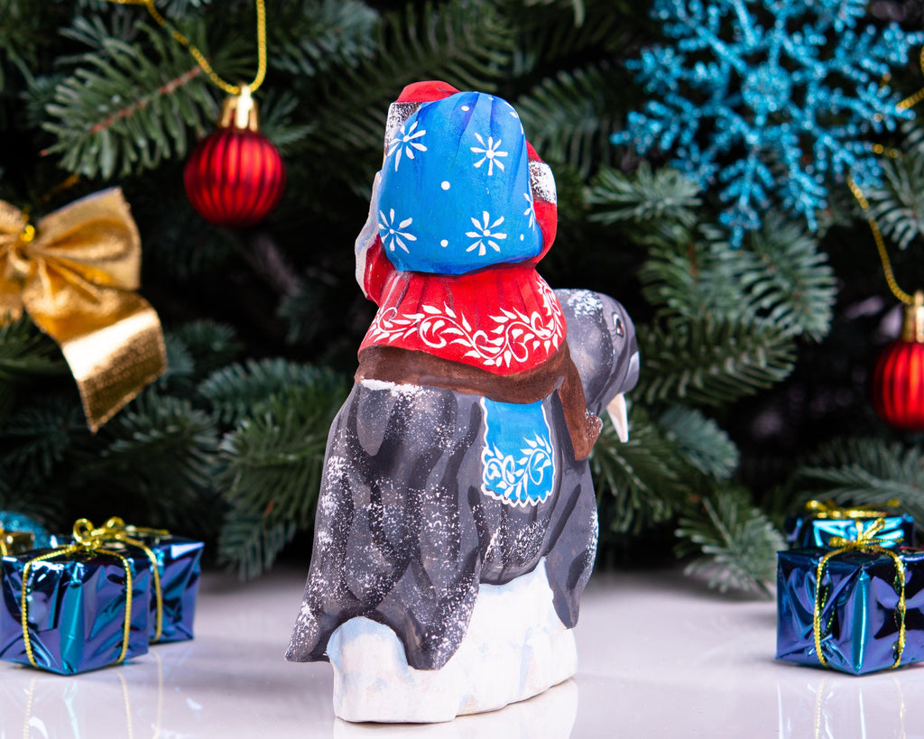 Hand Carved Wooden Santa Claus on Walrus - Christmas Figurine