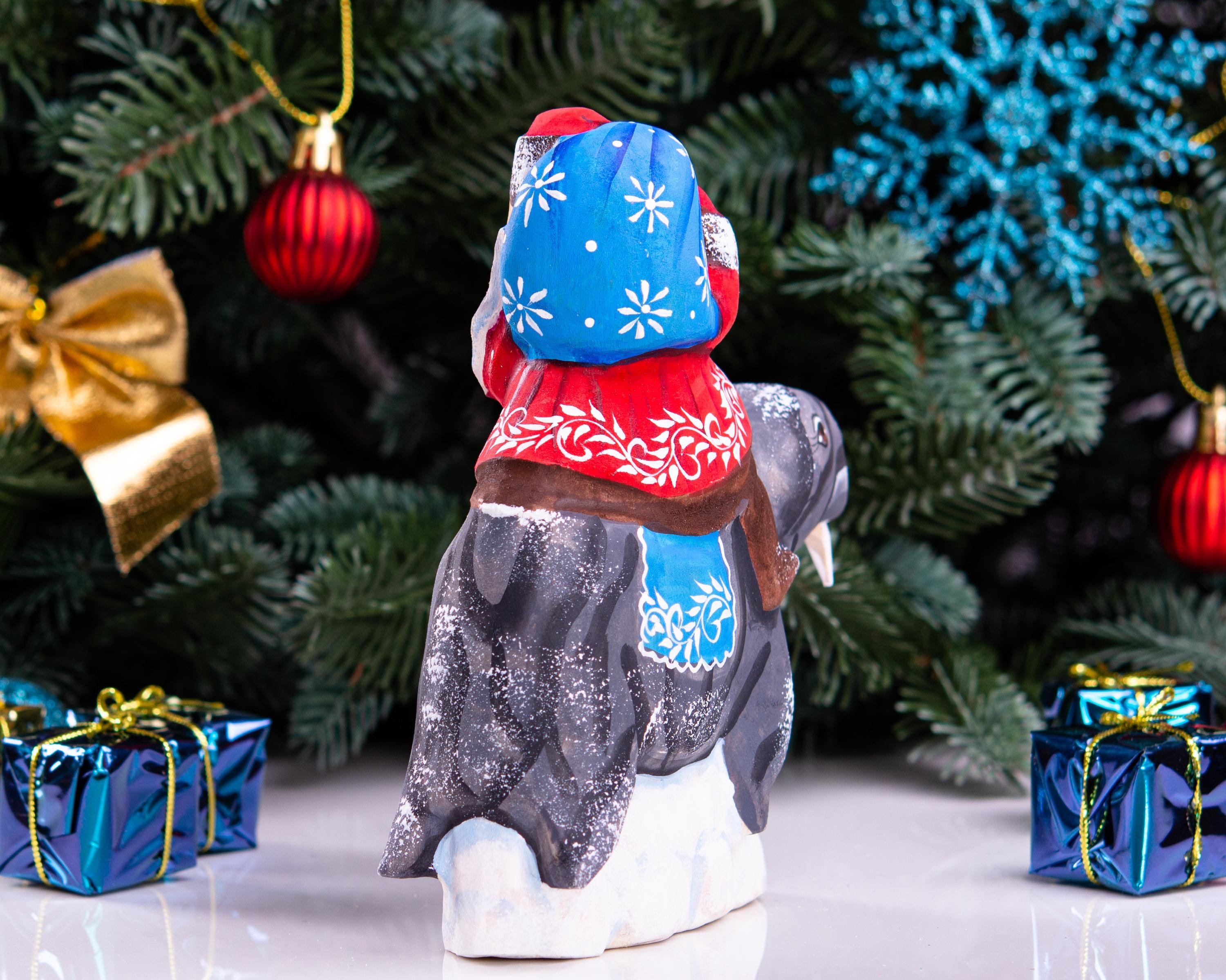Hand Carved Wooden Santa Claus on Walrus - Christmas Figurine
