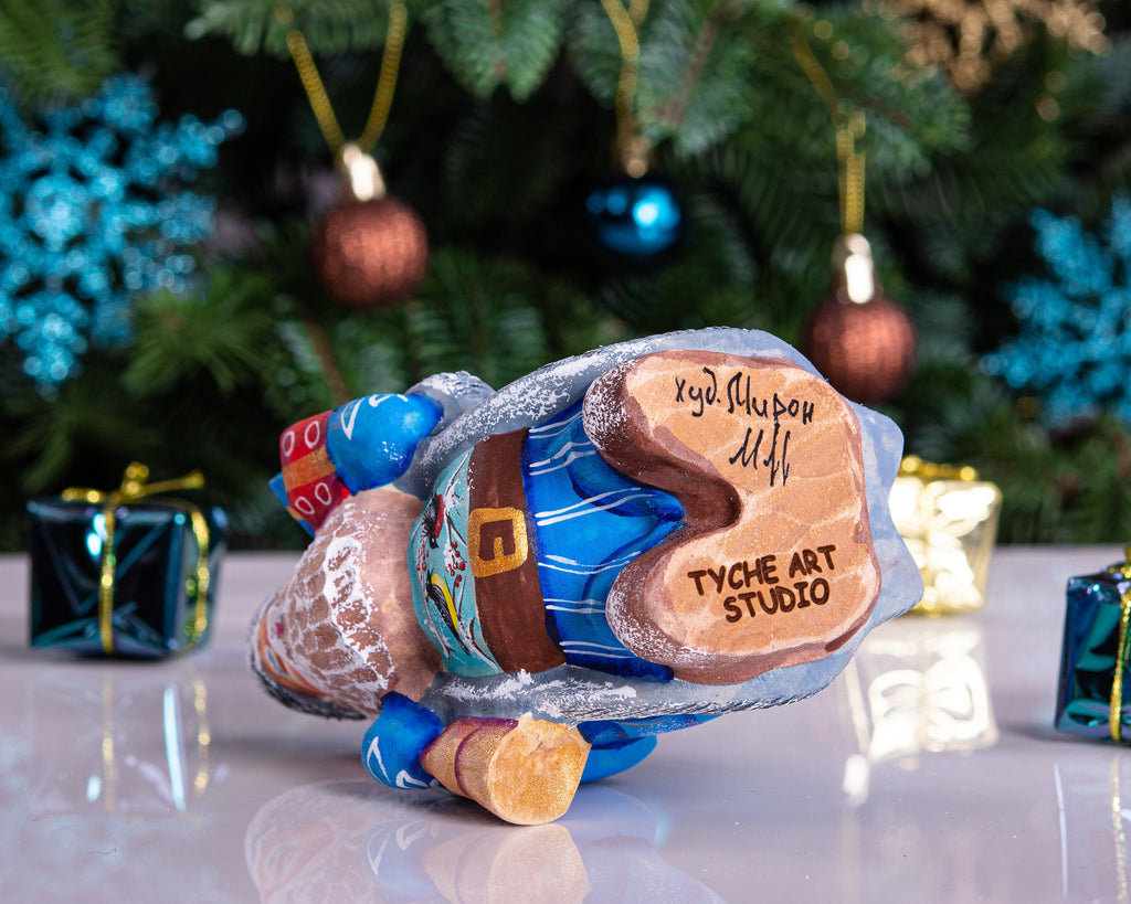 Santa Figurine Hand Carved Wood Bell and Gifts Bird Accents 5.5″