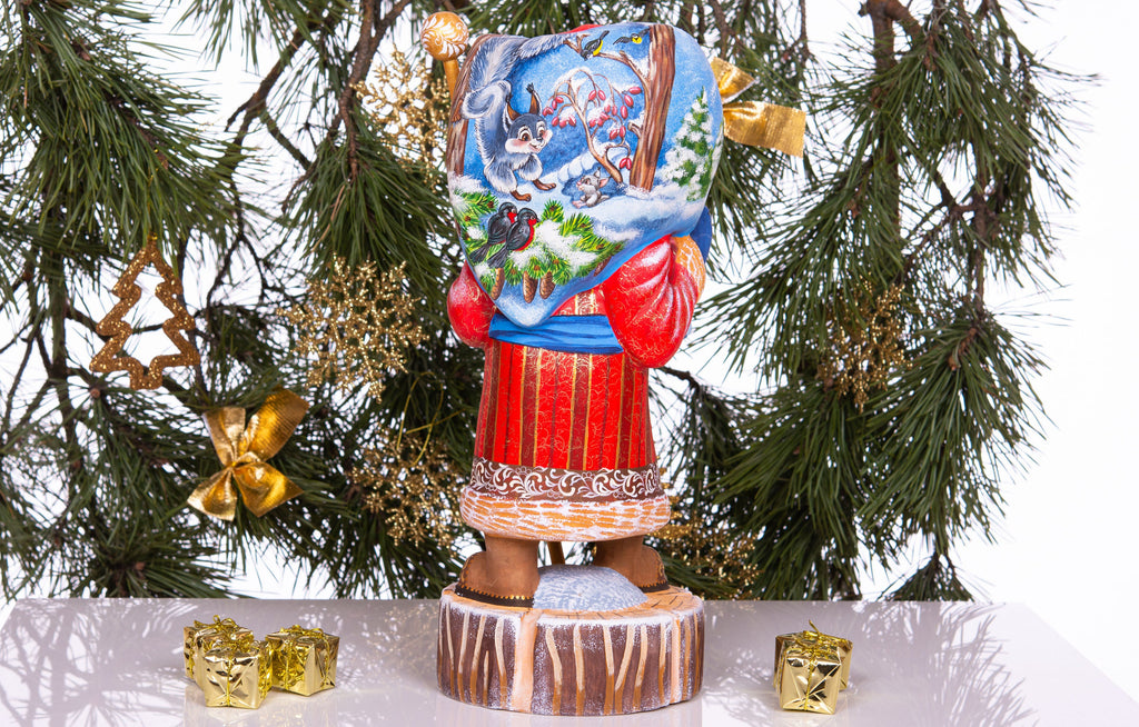 Hand carved wooden Santa figurine 13.8 inch, winter woodland animals artwork, mantel decor
