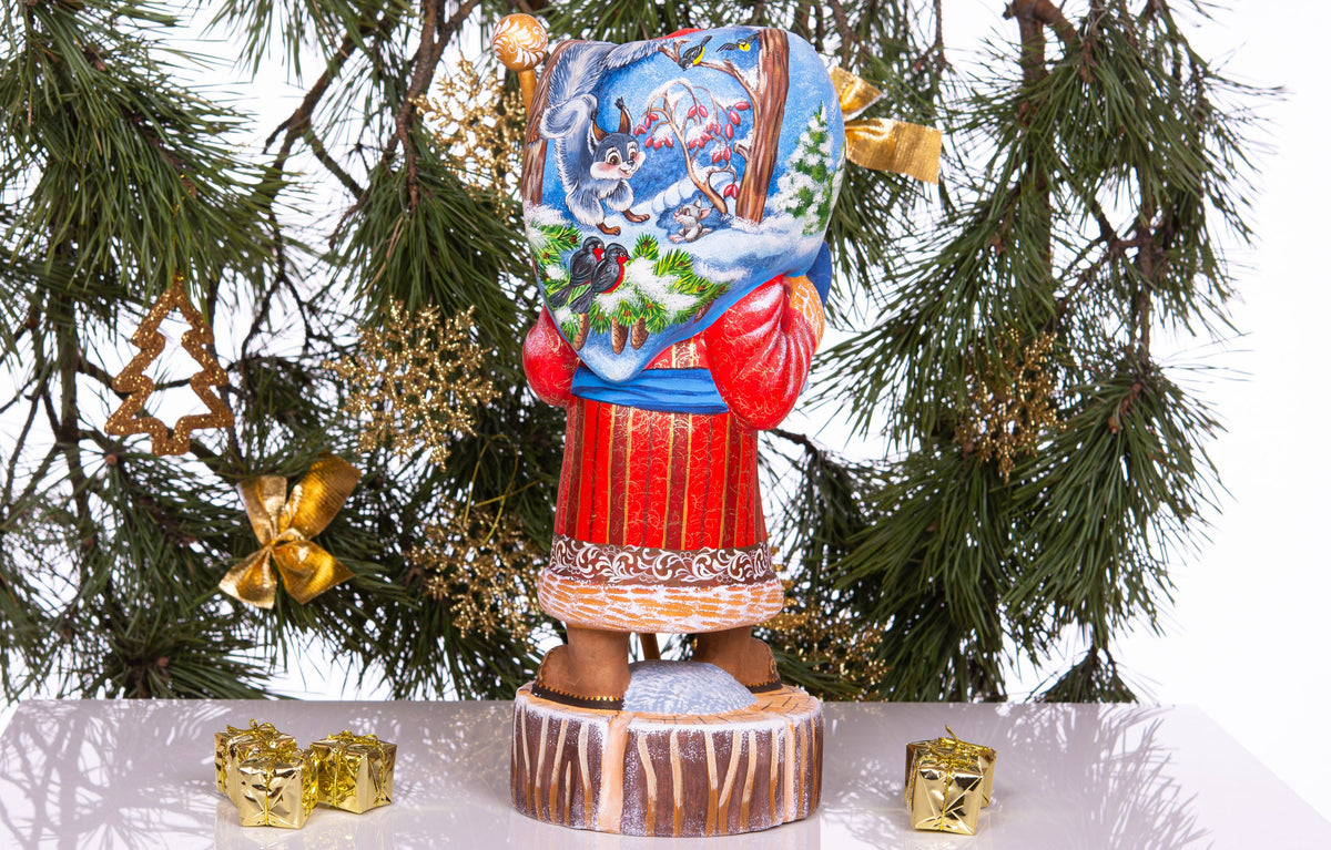 Hand carved wooden Santa figurine 13.8 inch, winter woodland animals artwork, mantel decor