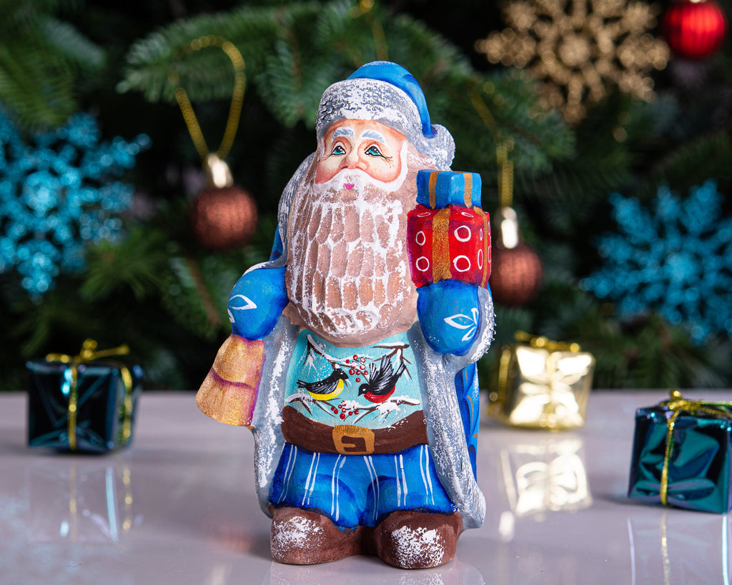 Santa Figurine Hand Carved Wood Bell and Gifts Bird Accents 5.5″
