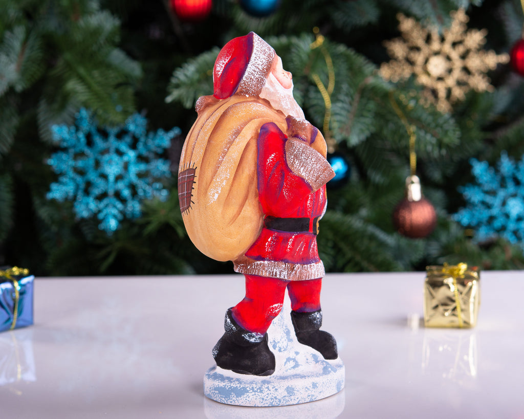 Kris Kringle Santa figurine 7 inch, carved wood, toy bag, holiday home decor