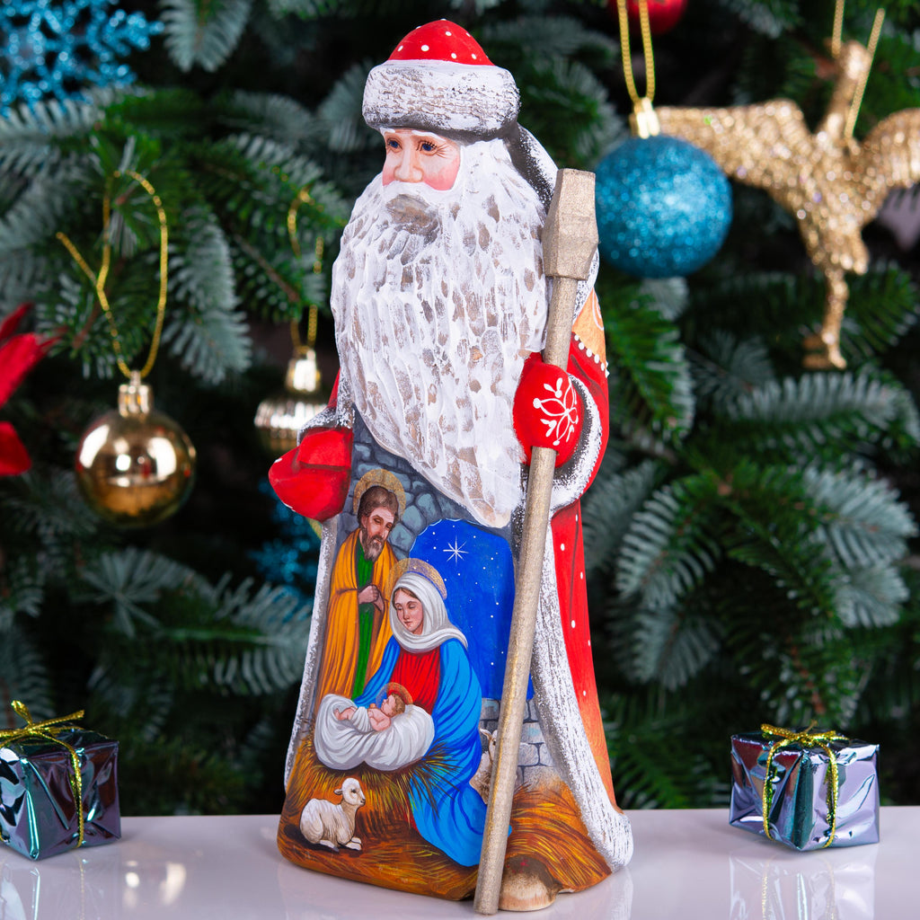 Father Christmas Figurine 9", Nativity Scene, Hand Carved Wood