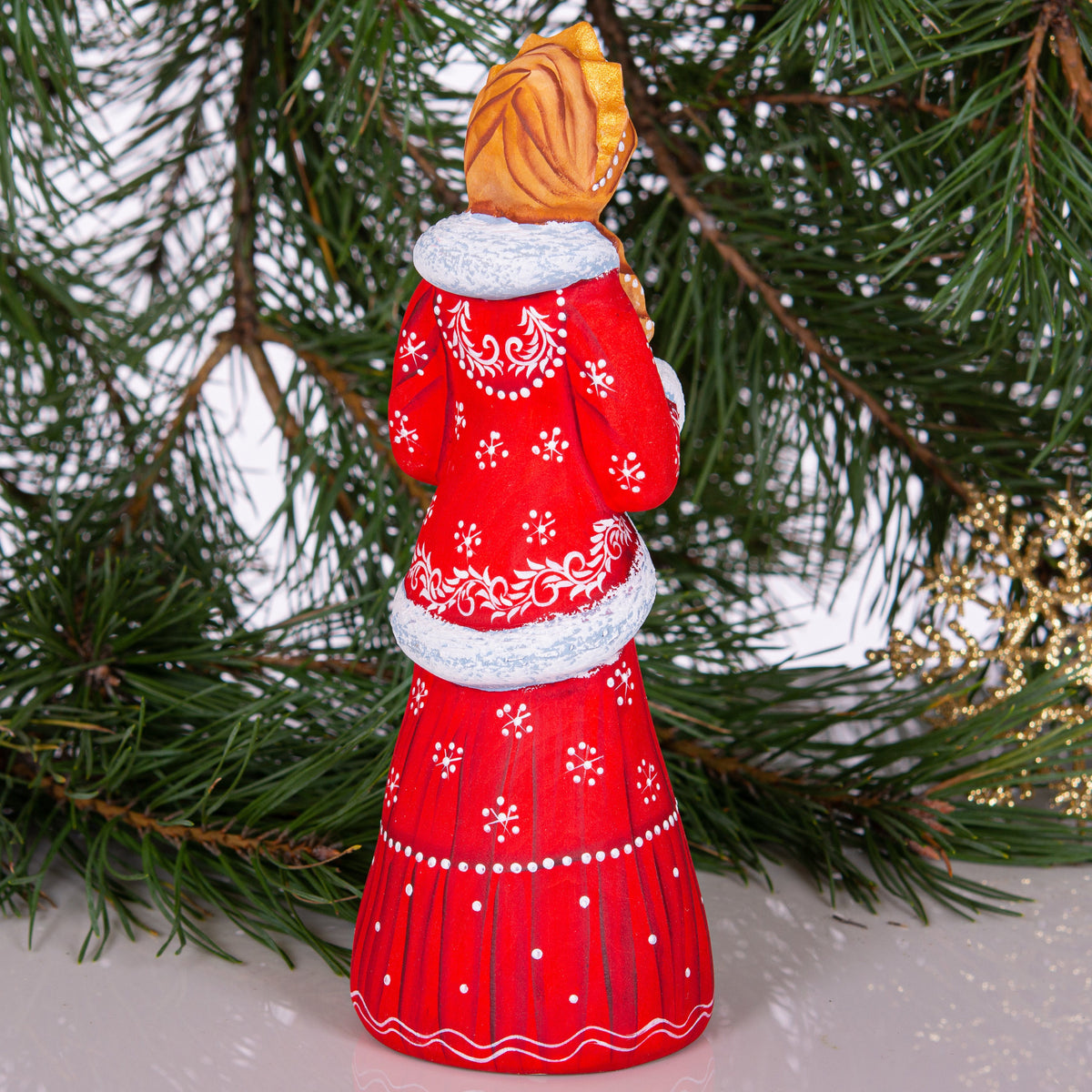 Hand Carved Snow Maiden Figurine: Red Coat Slavic Christmas Decor