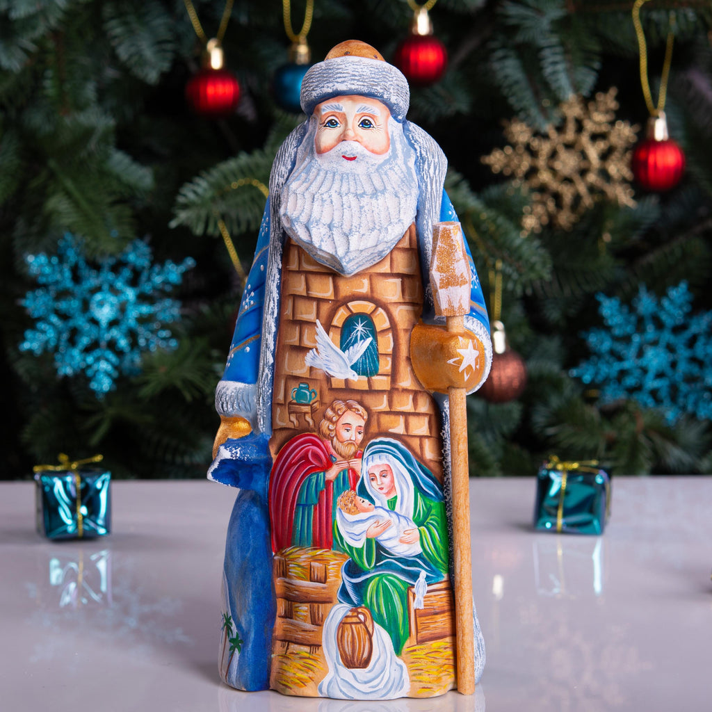 Hand carved wooden Santa nativity figurine 9 inch, Holy Family scene, Christmas mantel decor